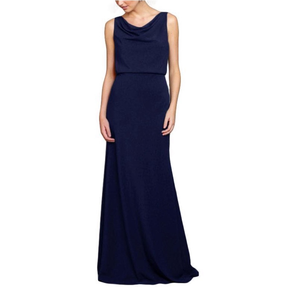 Jenny Yoo Madelyn Crepe De Chine Maxi Dress Gown in Navy Blue Sz 0